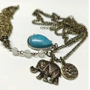 19" Necklace with 3" tassel charm necklace turquoise teardrop bead, elephant EUC